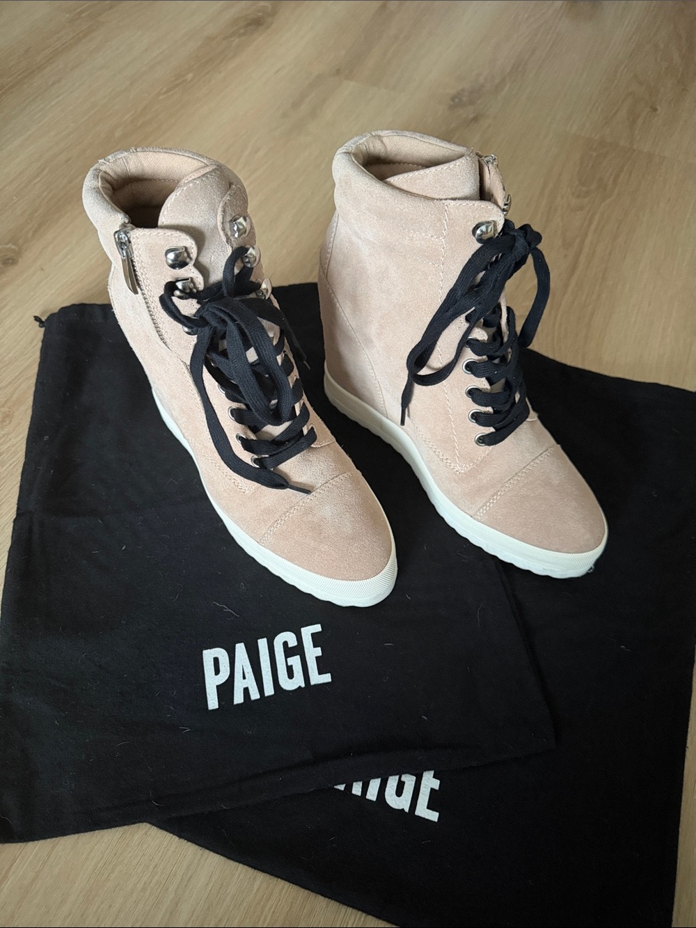 PAIGE Taupe Suede High-Top Sneakers Black Laces Size 9